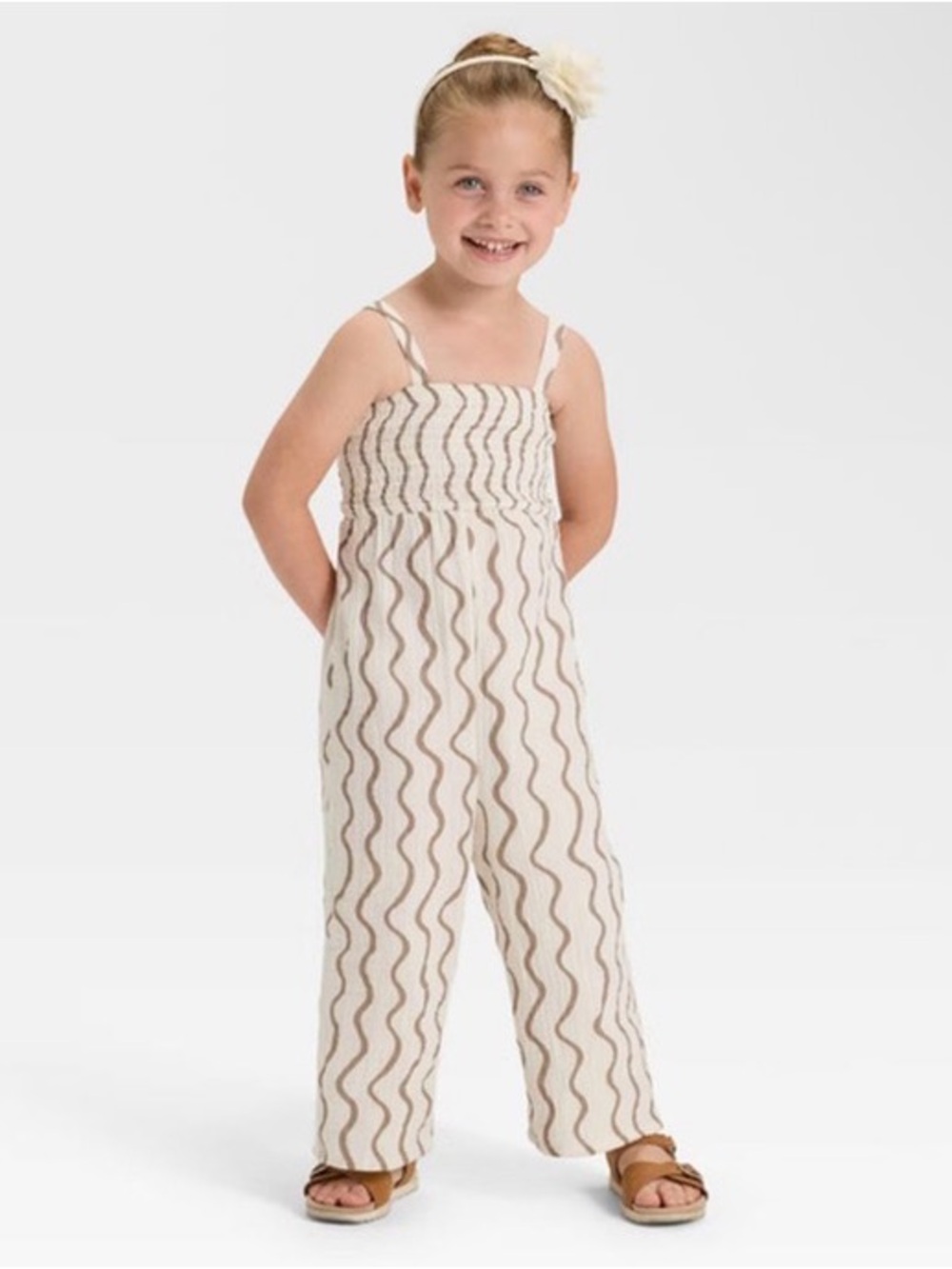📦 Girls Cream Wavy-Stripe Smocked Jumpsuit
